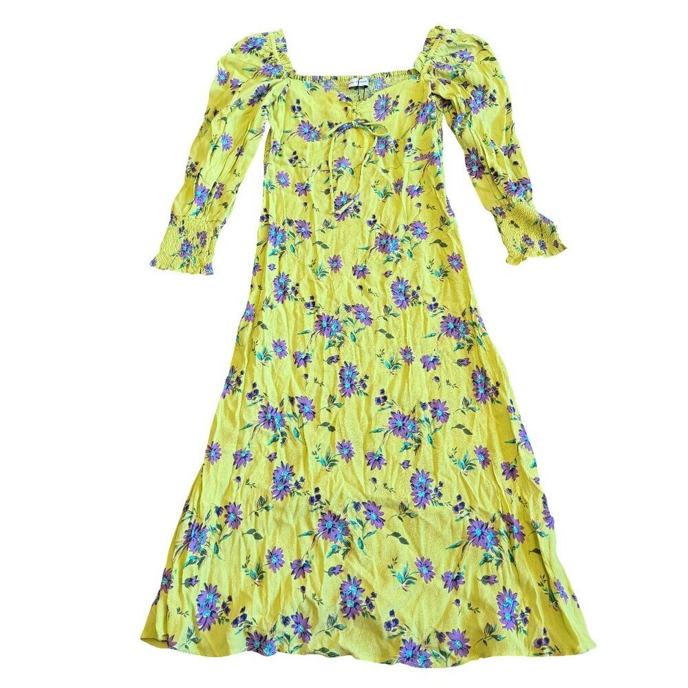 Faithfull The Brand Mathilde Green Dress Floral Print Long Sleeve Size 4 NWT